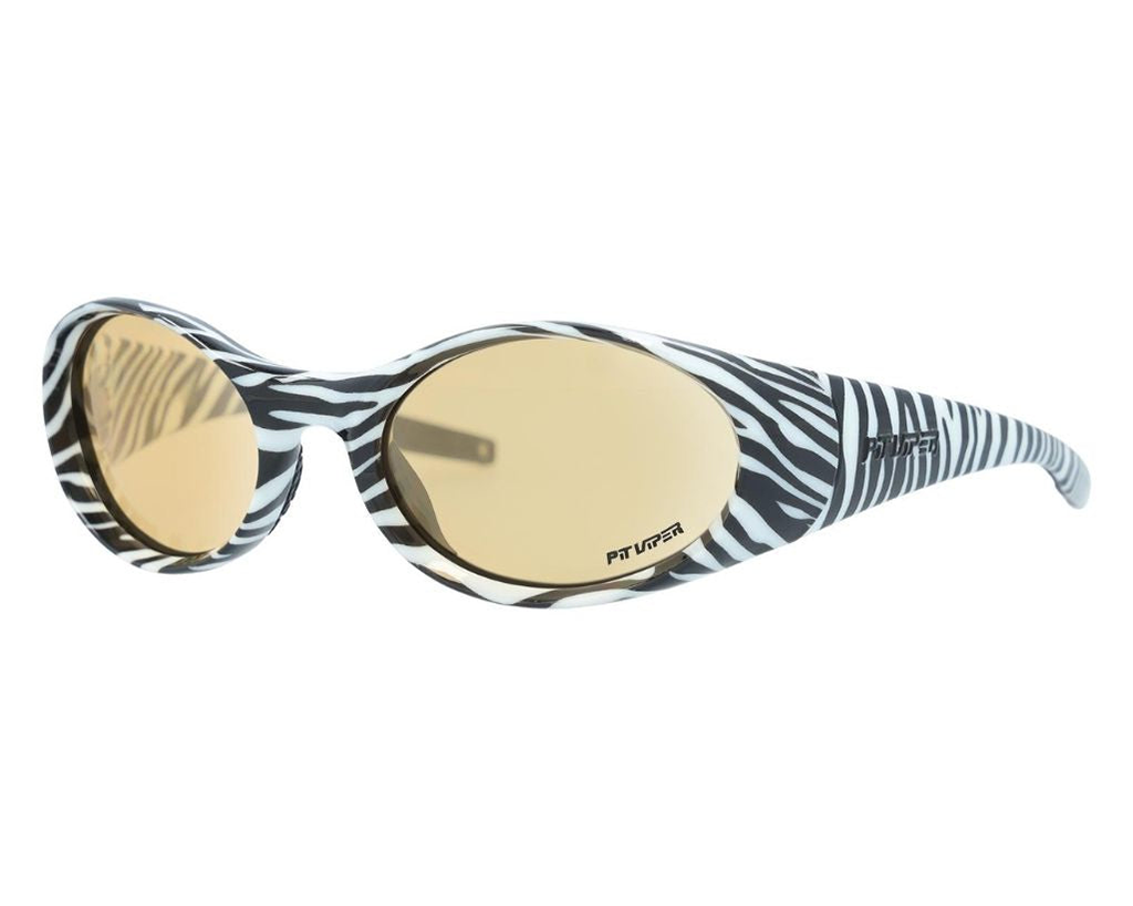 The Herbivore Slammer from Pit Viper Sunglasses, 1999 retro oval sunglasses with zebra print frame and low light lens